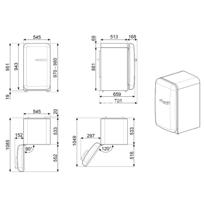 Külmik Smeg, 50-ndate stiil, 97 cm, 105/17 l, 35 dB, mehaaniline juhtimine, vasak, must