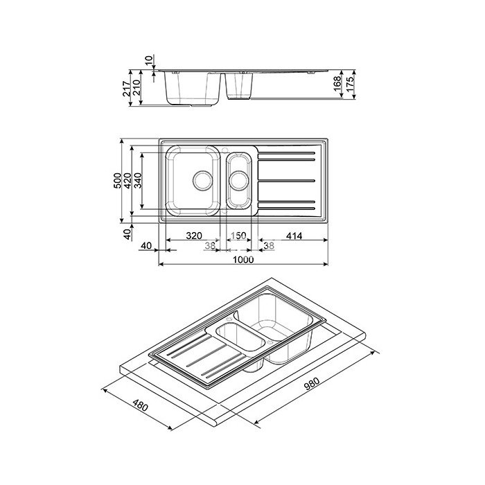 Мойка Smeg, 100 см, RIGAE, навесная, ручная, гранит, антрацит