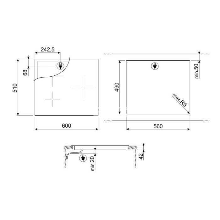 Pliidiplaat Smeg, 3 x Hilight, 60 cm, must, faasitud serv
