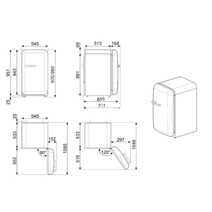 Minibaar Smeg, 50-ndate stiil, 97 cm, 135 l, 35 dB, mehaaniline juhtimine, parem, Itaalia lipuvärvid
