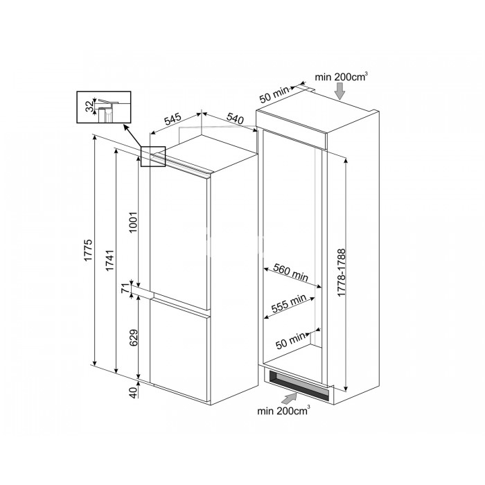 Külmik Smeg, integreeritav, 178 cm, 185/69 l, 38 dB, puutetundlik juhtimine, Total NoFrost, valge