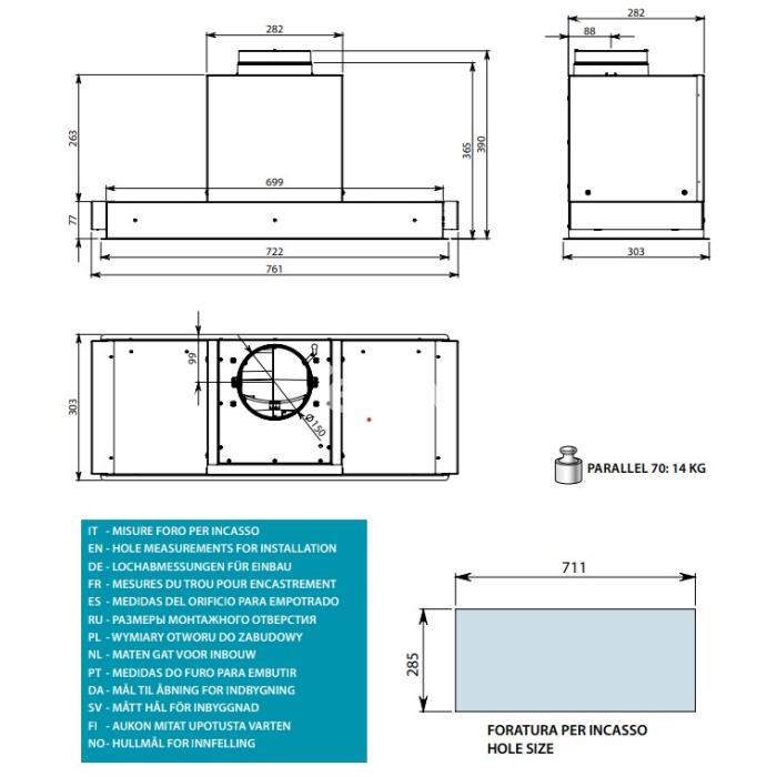 Integreeritav õhupuhastaja Falmec PARALLEL 70 cm, valmidus EC/AC mootoriga ja soojavahetiga ühendamiseks, Dynamic LED (muudetav valguse temp. 2700-5600K), must, dialoogsüsteem