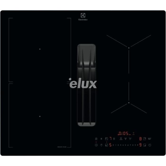 Варочная панель Electrolux с вытяжкой, 4 индукционные панели, 58 см, 630 м³/ч, 66 дБ, скошенные края, черный цвет.
