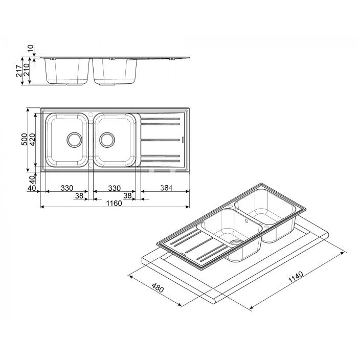 Мойка Smeg, 114 см, RIGAE®, навесная, ручная, гранит, белый