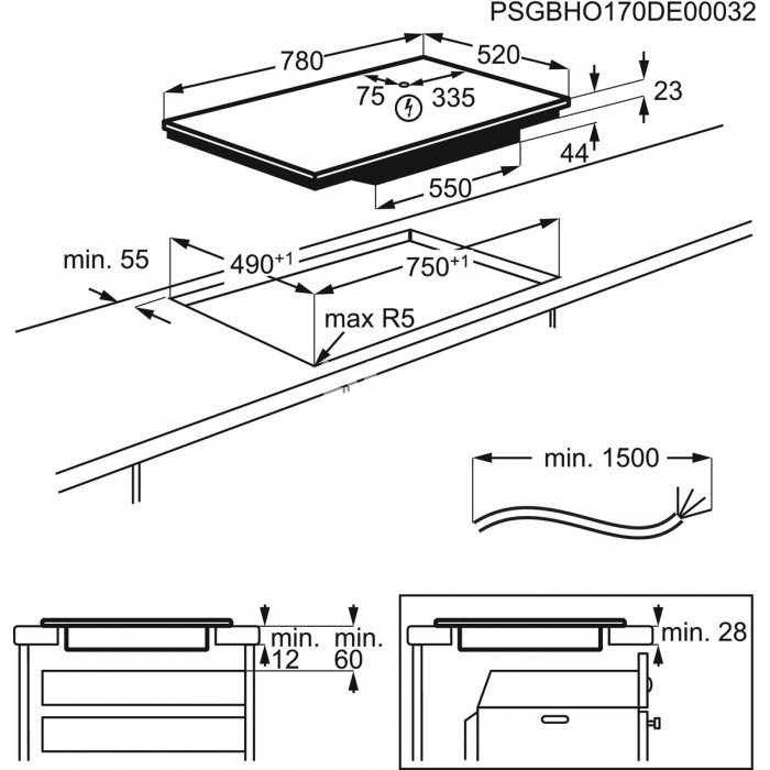 Pliidiplaat Electrolux, 4 x induktsioon, 78 cm, Hob2Hood, faasitud esiserv, must