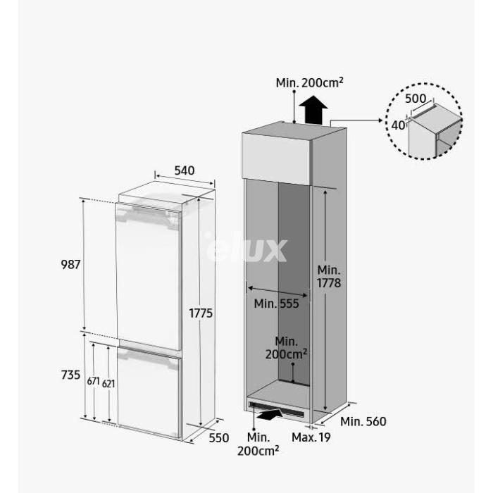 Külmik Samsung, 177 cm, 193/74 l, 35 dB, integreeritav, NoFrost, elektrooniline juhtimine, valge