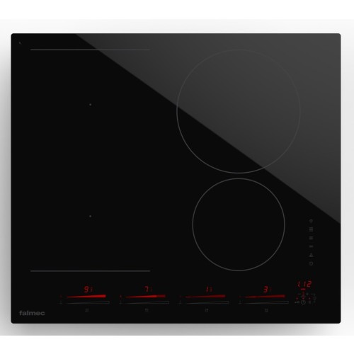 Pliidiplaat Falmec 4 x induktsioon, 58 cm, sliderjuhtimine, täisfunktsionaalne õhupuhasti juhtimine, lõigatud servad, must, dialoogsüsteem