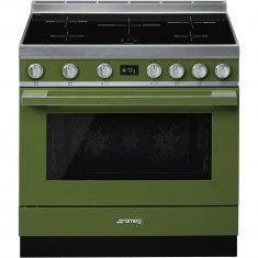 Индукционная плита Smeg, Portofino, 5 x индукция, электрическая духовка, 90 см, пиролиз, оливково-зеленый