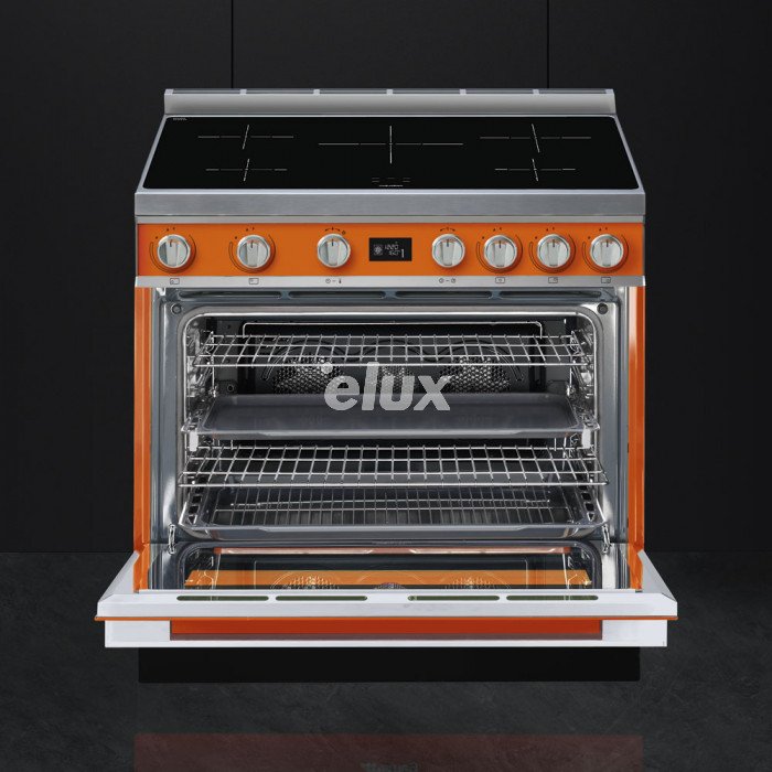 Индукционная плита Smeg, Portofino, 5 x индукция, электрическая духовка, 90 см, пиролиз, оранжевый