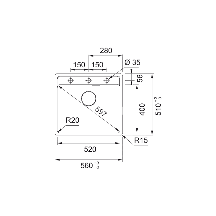 Valamu Franke Maris MRG 610-52 A, (vajutusnupuga), fragranit, matt must